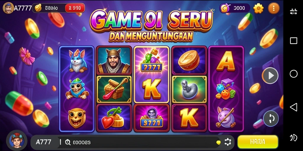 Tampilan gameplay slot A7777 dengan gulungan berputar dan simbol-simbol menarik.