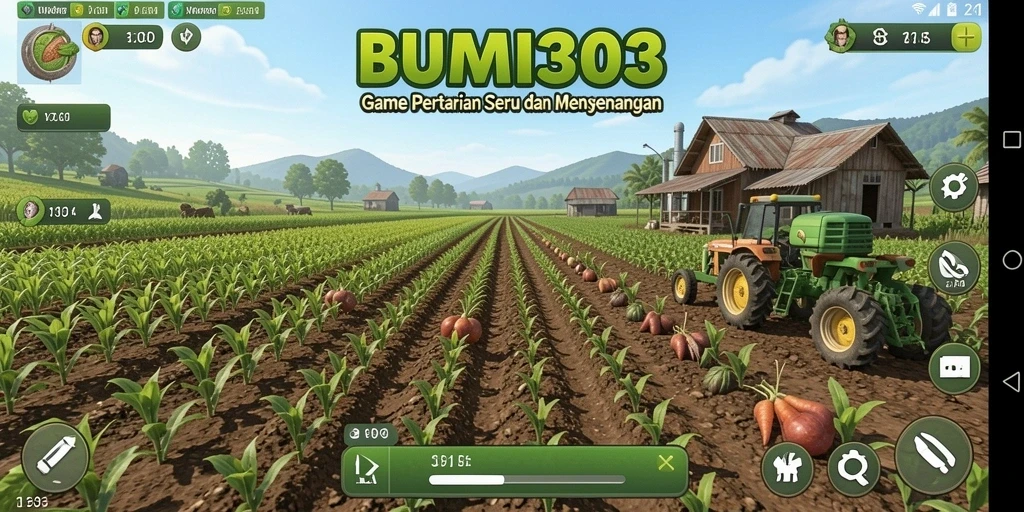 Tangkapan layar gameplay BUMI303 yang menampilkan proses menanam dan panen.
