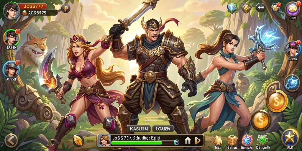Tampilan gameplay yang epik dalam JOSS777 menunjukkan pertempuran seru.