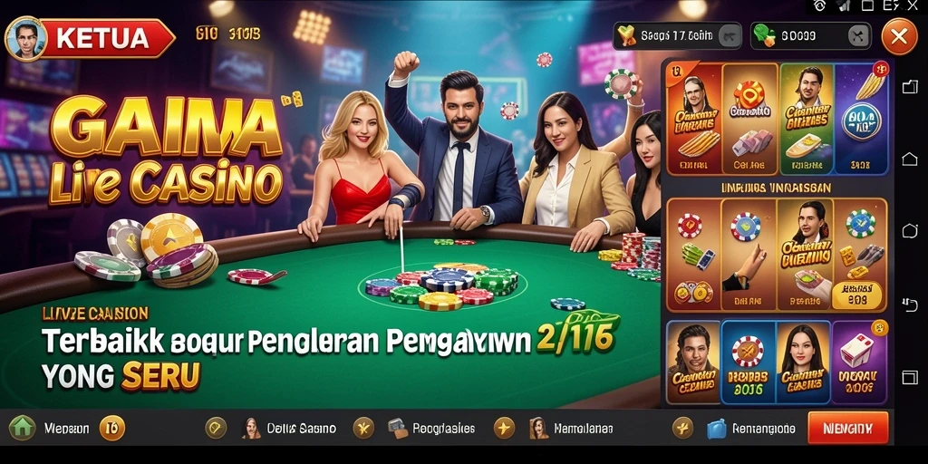 Screenshot gameplay KETUA yang menampilkan dealer langsung dalam suasana kasino.