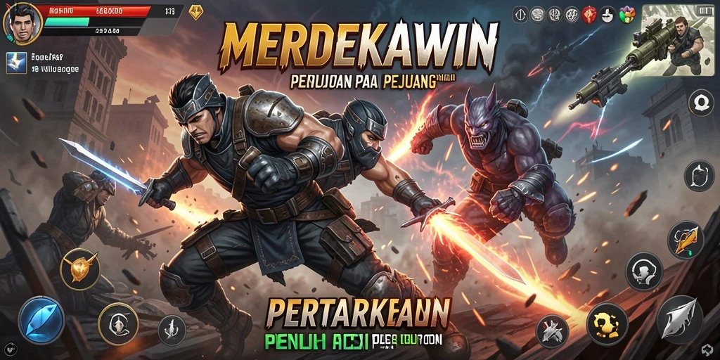 Tampilan gameplay MERDEKAWIN dengan karakter yang bertarung sengit.