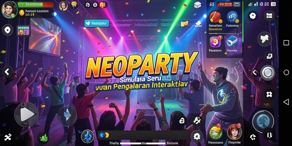 Tampilan dinamis gameplay NEOPARTY yang menarik dan interaktif.