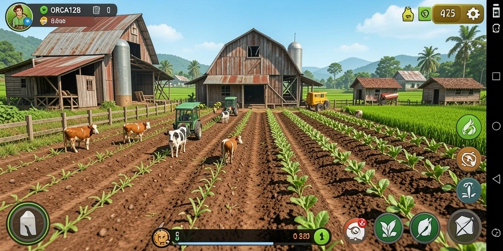 Tampilan screenshot gameplay ORCA128 dengan tanaman dan hewan.