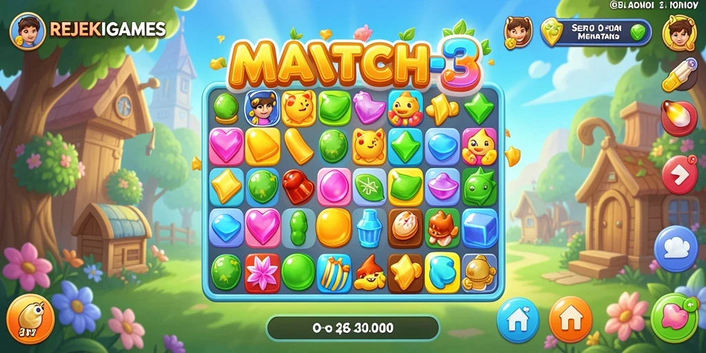 Tampilan gameplay seru dari REJEKIGAMES, permainan Match-3 yang menantang.