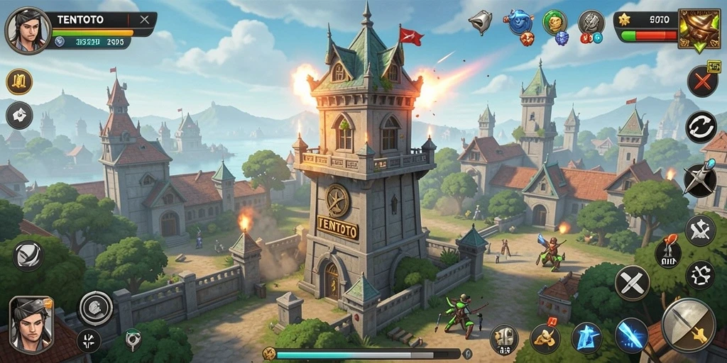 Tampilan gameplay menegangkan dalam TENTOTO saat melindungi benteng dari serangan musuh.