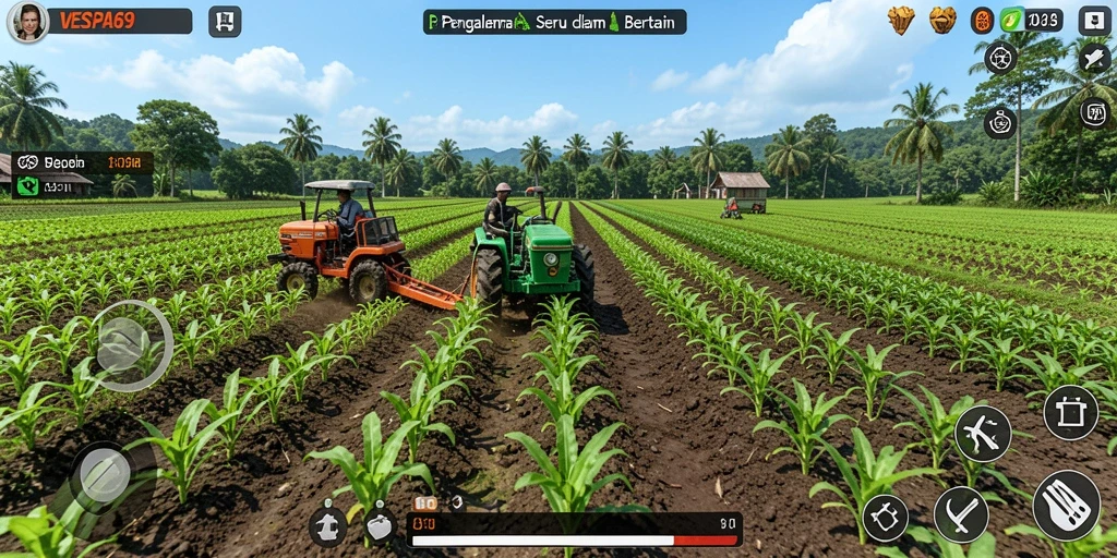 Screenshot VESPA69 menampilkan aktivitas bertani yang menawan.
